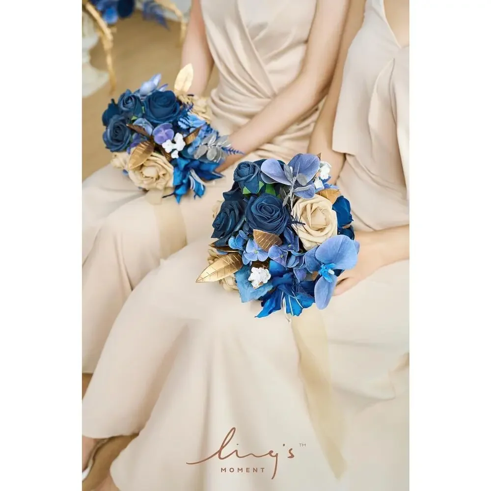 Ling's Moment Blue and Gold Bridesmaid Bouquet Set of 4,‎ Lilac Wedding Bouqu...